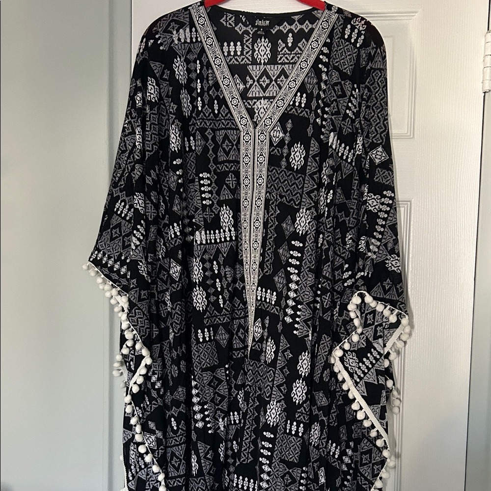 NWOT Swim Coverup - Black & White Geometric with Pom Pom & Ribbon